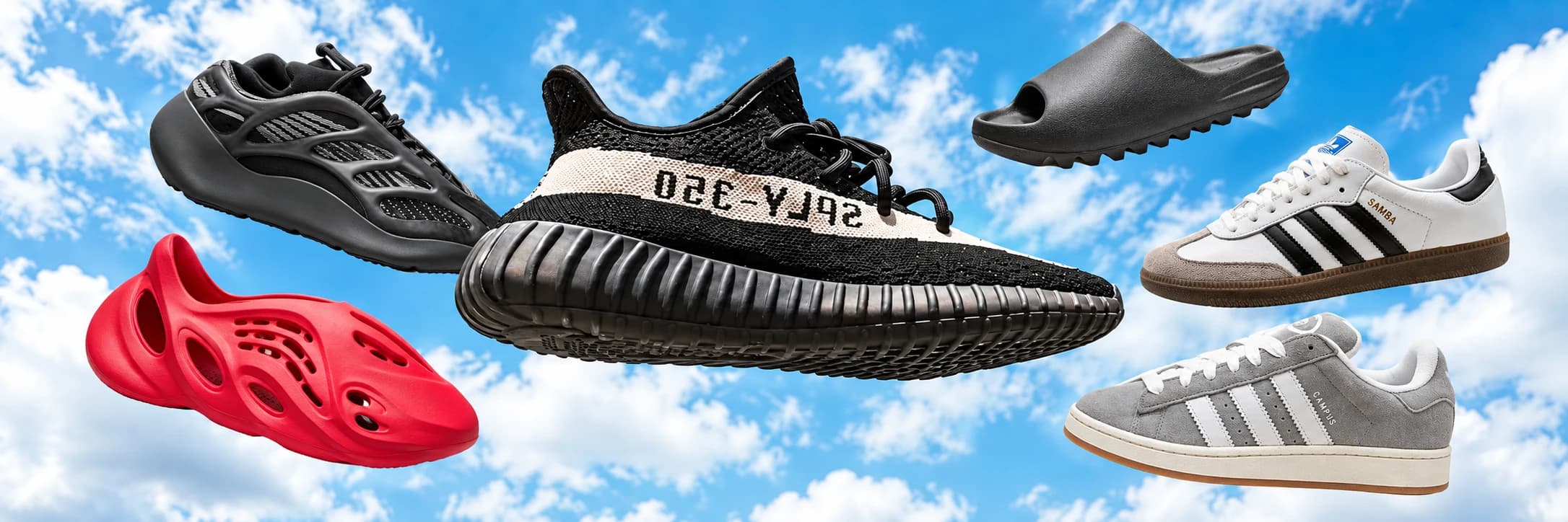 Šest modelů Adidas a Yeezy ve vzduchu proti modré obloze