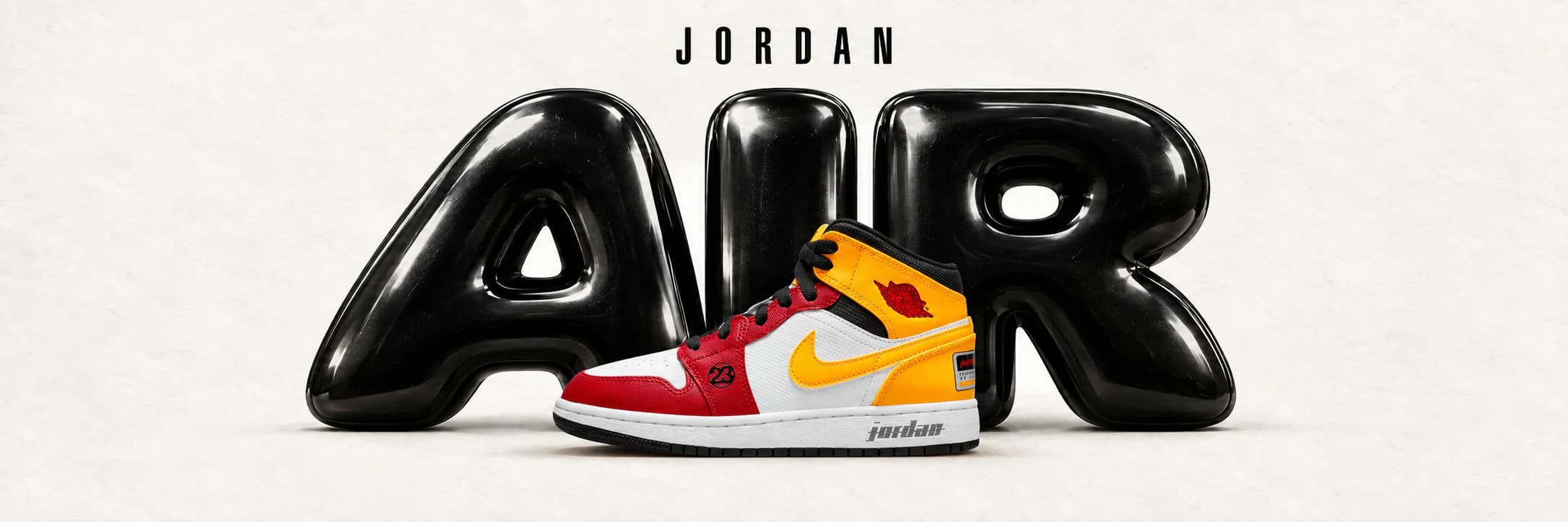 Multicolour Air Jordan 1 Mid in front of black AIR lettering