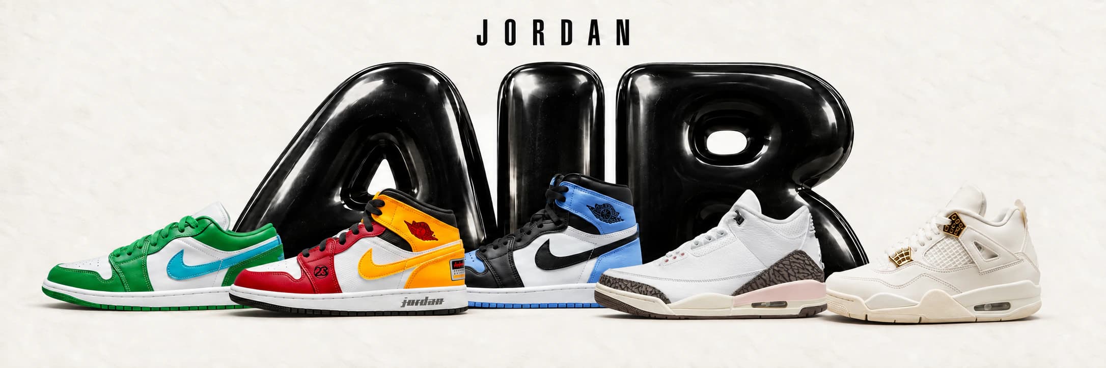 Pět modelů Air Jordan před černými plastickými písmeny AIR