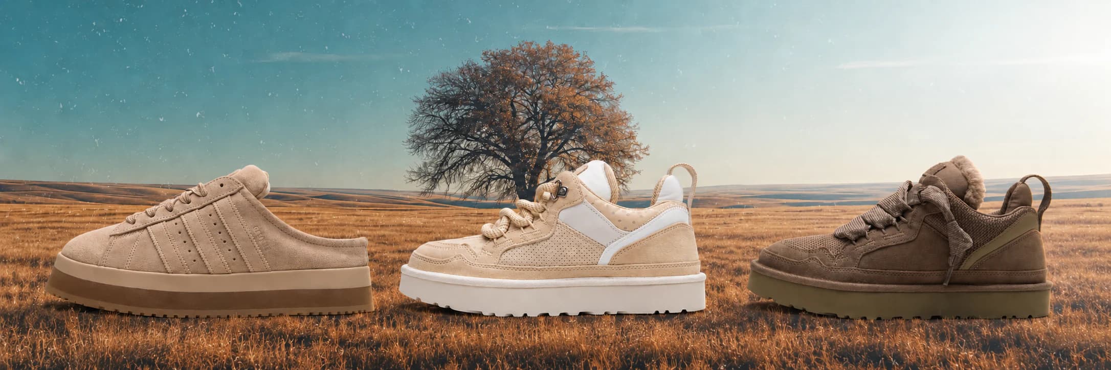 Three beige and brown autumn shoes in a field before a tree