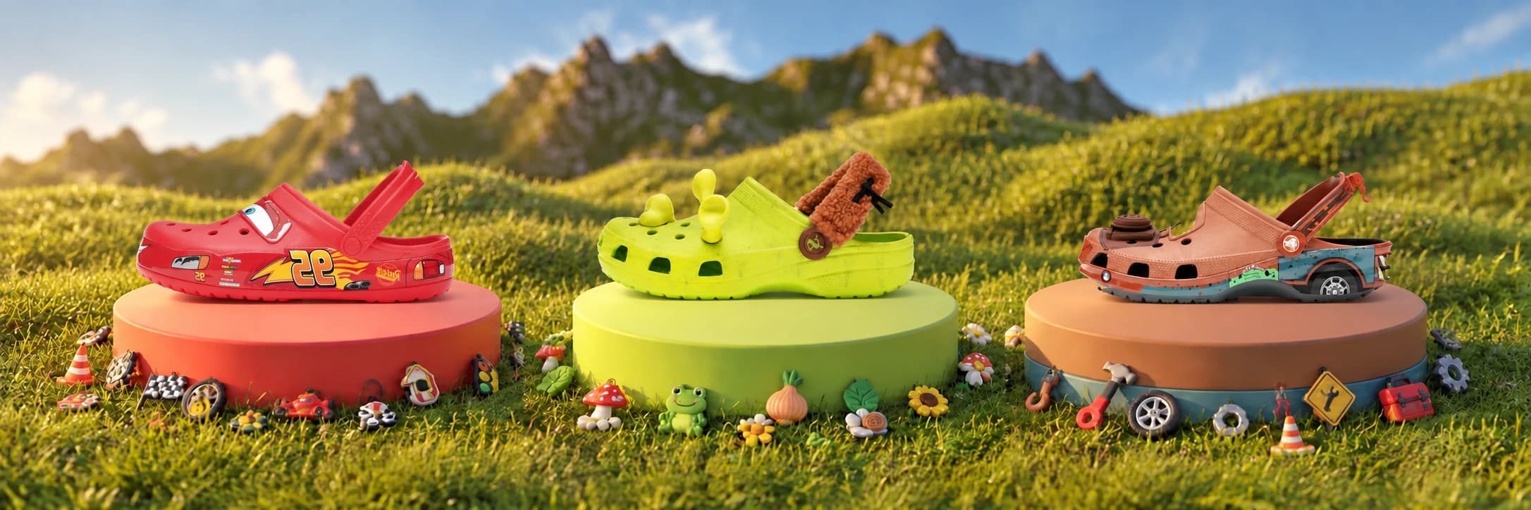 Tři tematické Crocs na barevně sladěných podstavcích v horské krajině