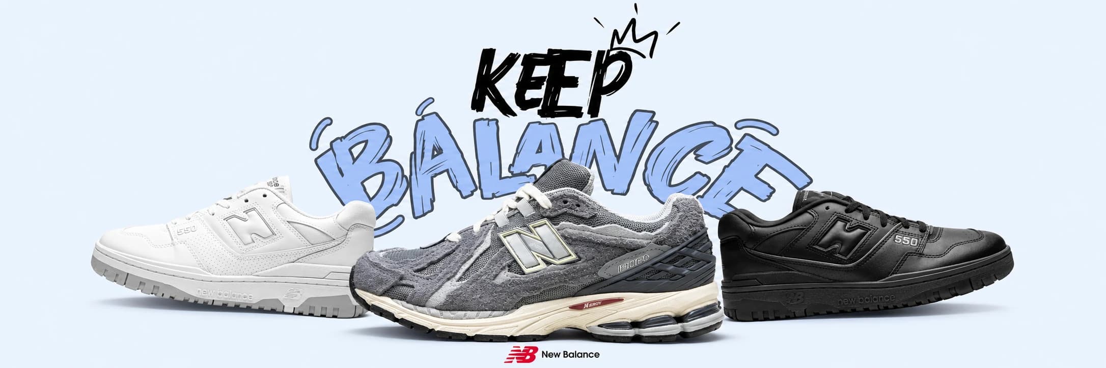 New Balance 1906 a dvě varianty New Balance 550 před nápisem Keep Balance