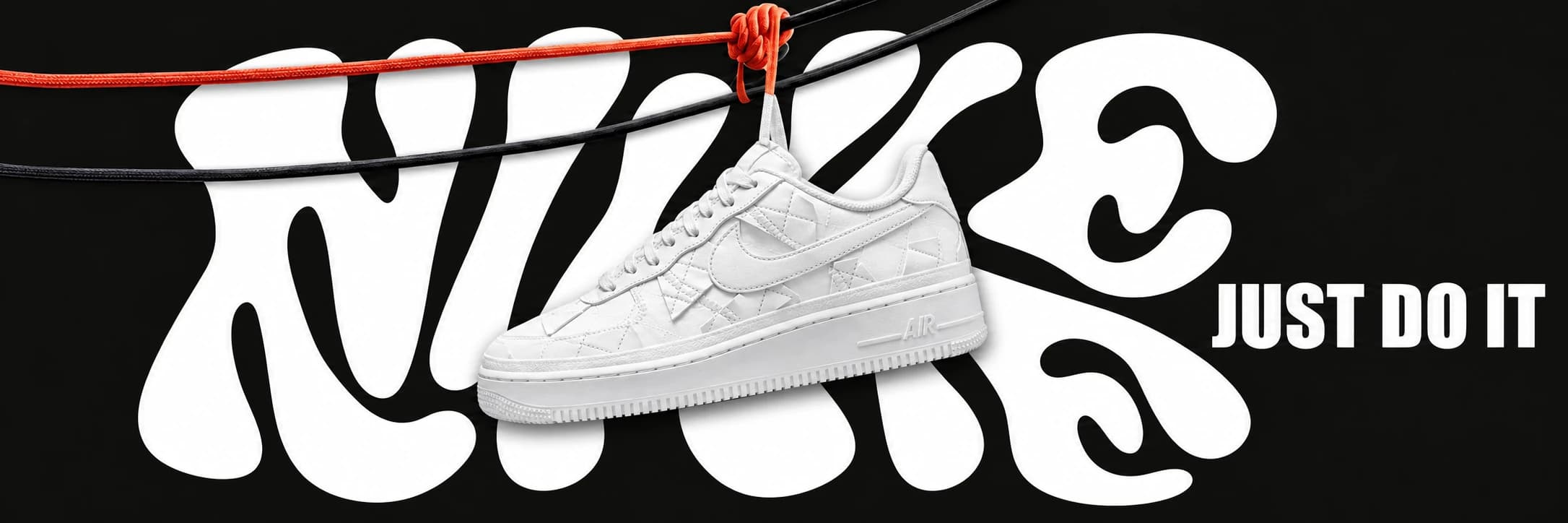 Bílá Nike Air Force 1 s geometrickým prošíváním na černém grafickém pozadí