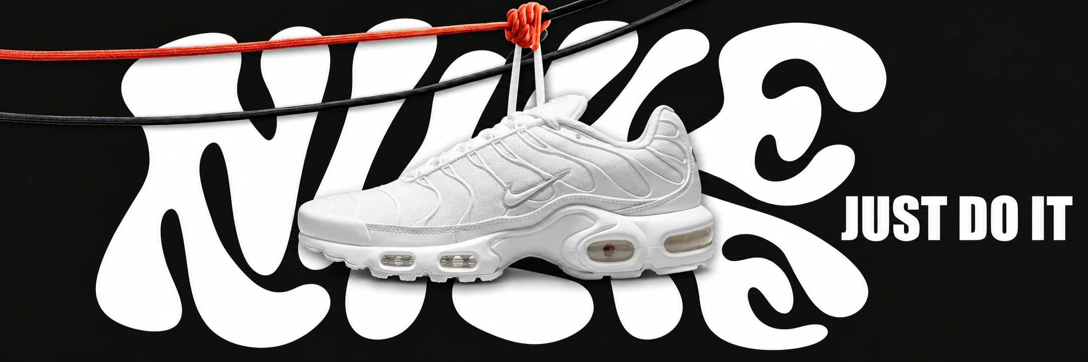 Bílá Nike Air Max Plus s viditelnými vzduchovými jednotkami na černém grafickém pozadí