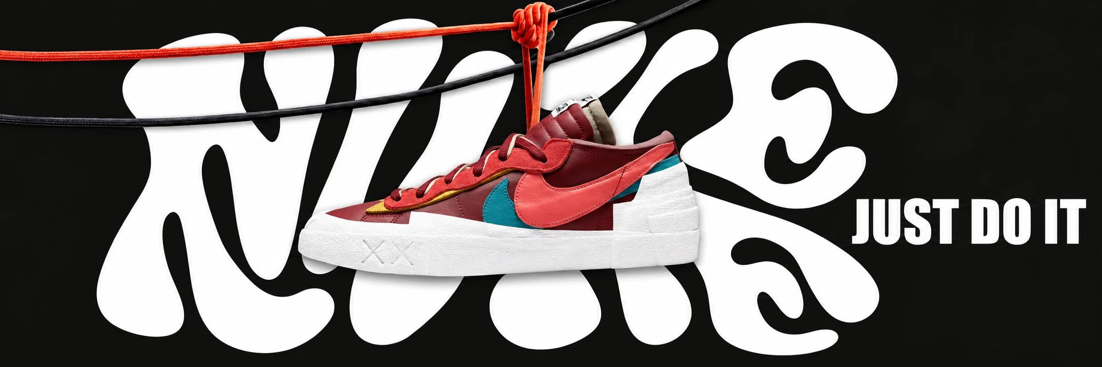 Vínová Nike Blazer s korálovými a tyrkysovými detaily na černém grafickém pozadí