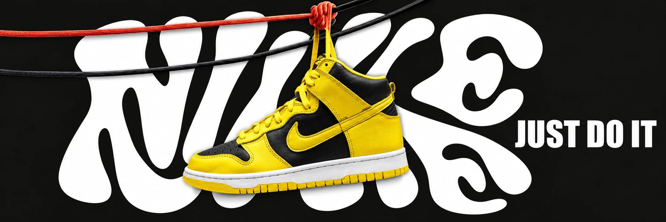 Žluto-černá Nike Dunk High na černém grafickém pozadí Nike