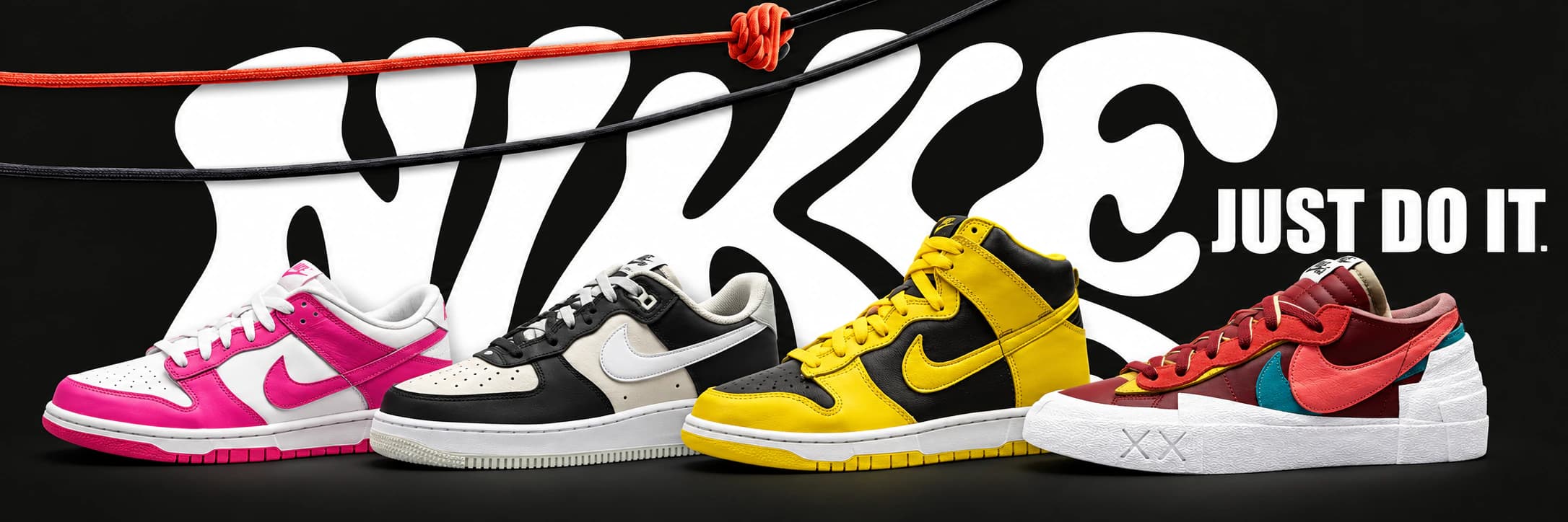 Čtyři modely Nike na černém grafickém pozadí
