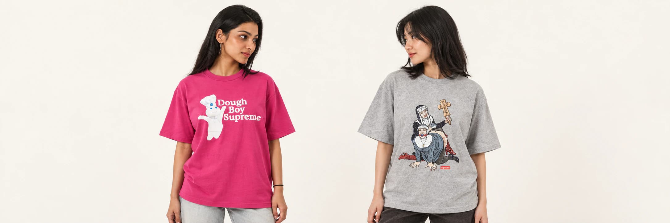 Dvě modelky v tričkách Supreme Doughboy a Nuns