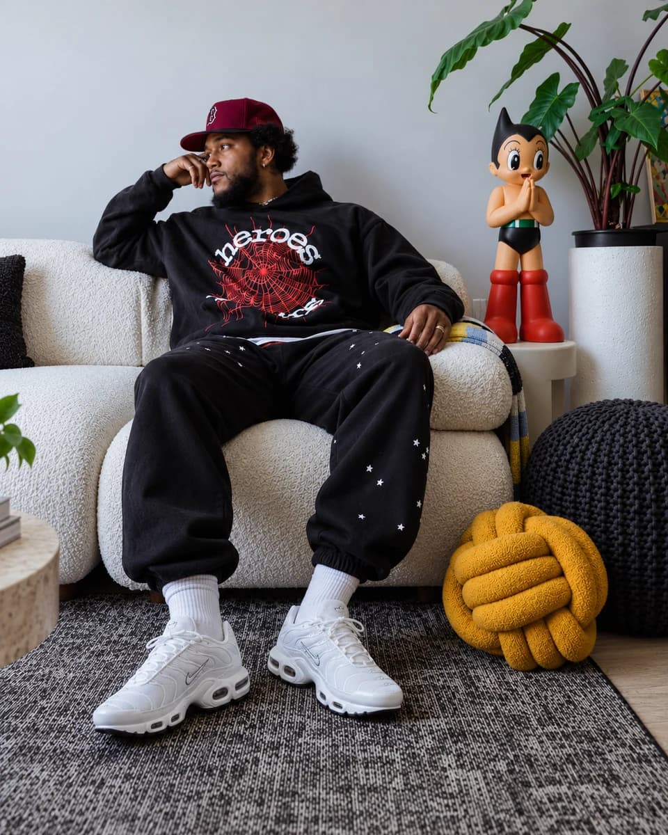 Editorial fotografie muže v bílých teniskách Nike Air Max Plus na bílé pohovce
