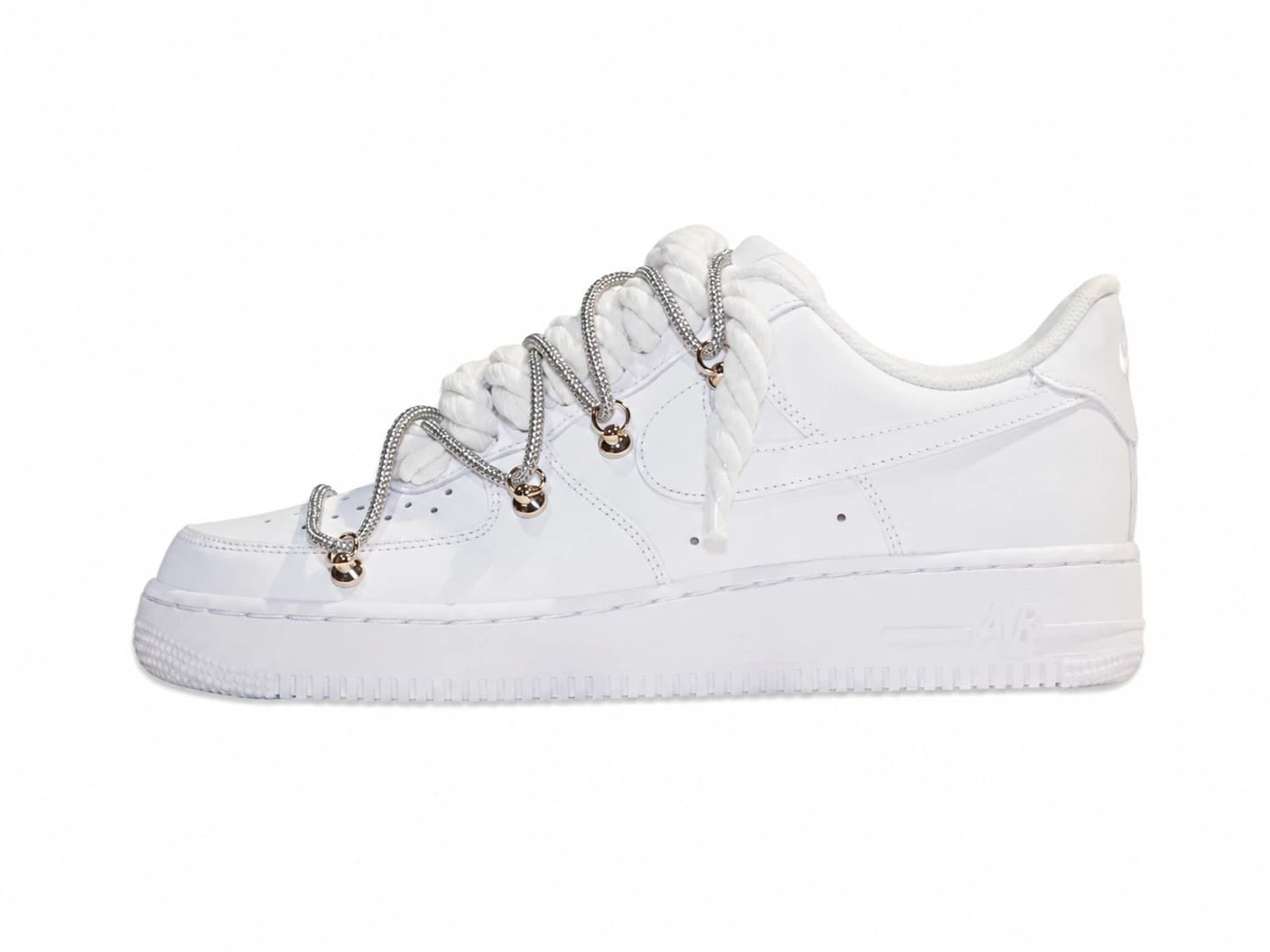 NIKE AIR FORCE 1 LOW ‘07 WHITE DOUBLE ROPE LACES WHITE SILVER