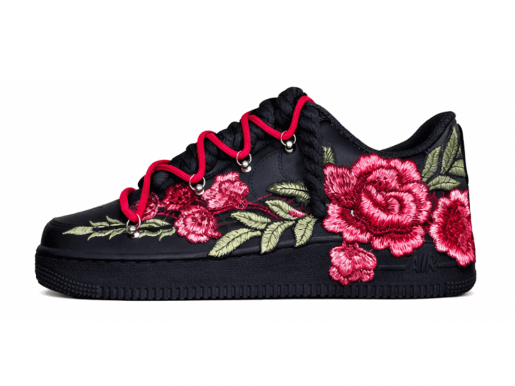 Nike Air Force 1 Low '07 Black - Black/Red Double Rope Laces - Custom Pink Rose